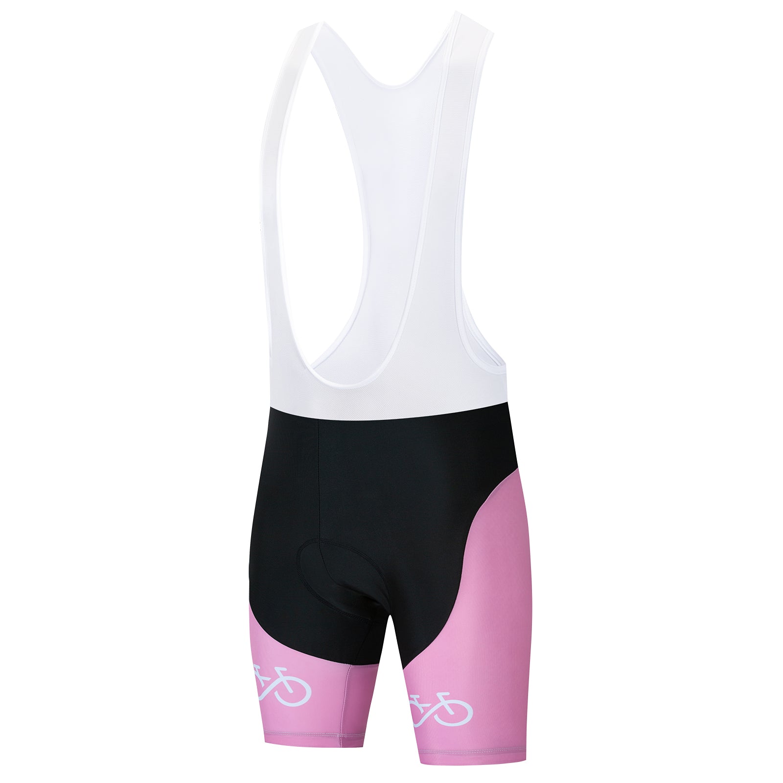 The Bike Logo Pink Cycling Jersey Set includes bib shorts with a white top and pink and black lower sections adorned with bicycle graphics near the leg openings, perfect for enhancing any performance cycling look.