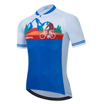 The Big Foot Sasquatch Cycling Jersey Set features a mountain and forest design with a cyclist silhouette. Believe is printed in red on the white midsection. Made of lightweight polyester, this blue jersey includes breathable white mesh sleeves for comfort.