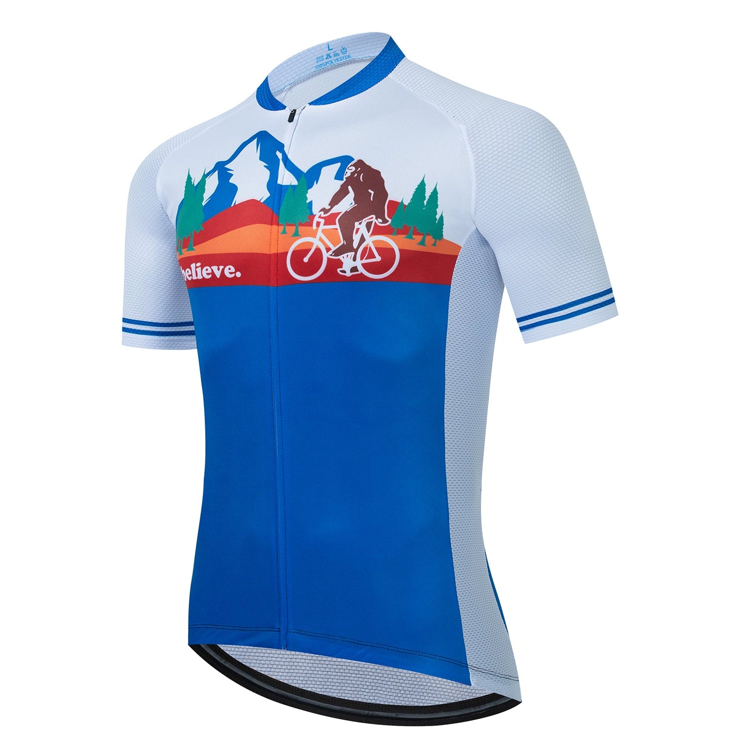 The Big Foot Sasquatch Cycling Jersey Set features a mountain and forest design with a cyclist silhouette. Believe is printed in red on the white midsection. Made of lightweight polyester, this blue jersey includes breathable white mesh sleeves for comfort.
