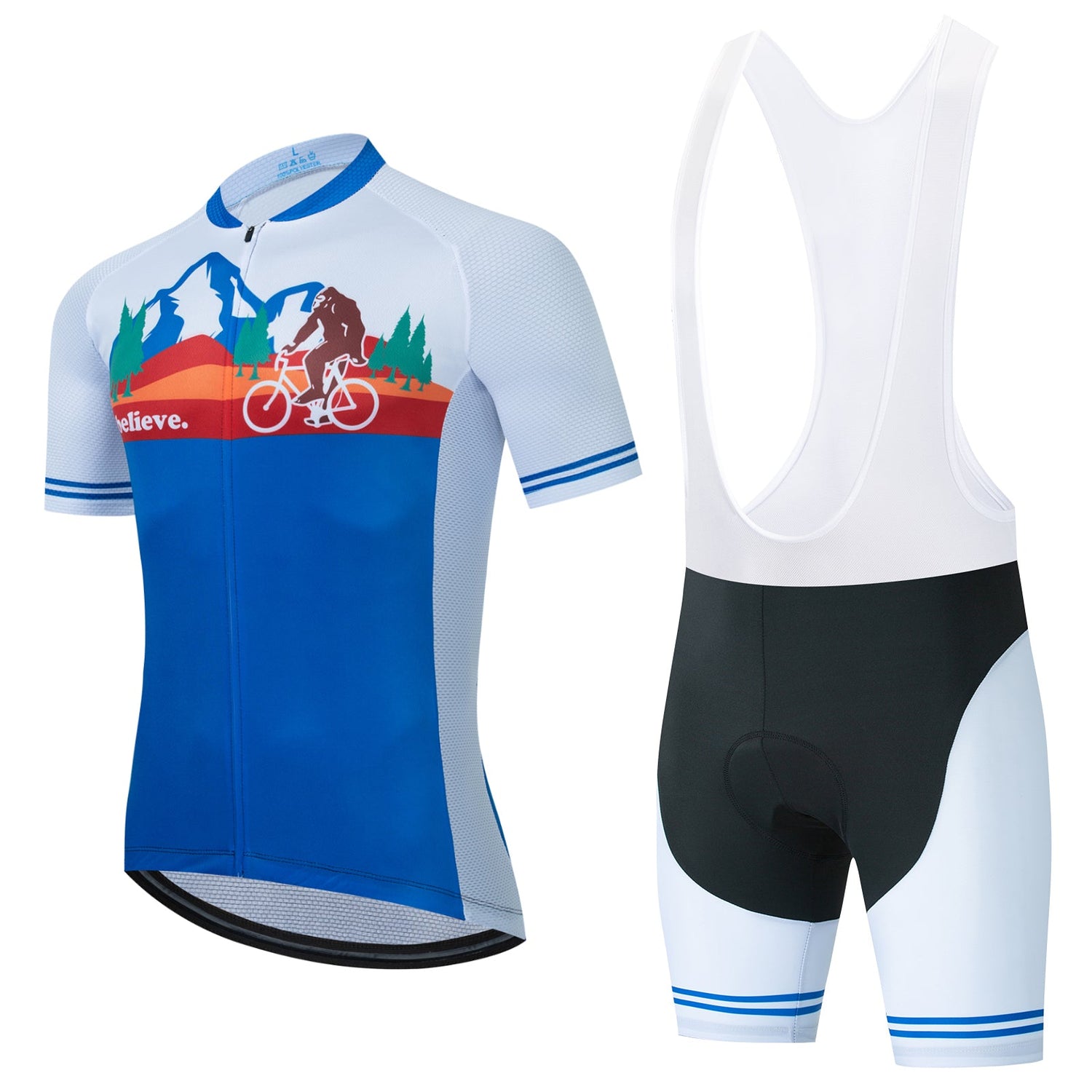 The Big Foot Sasquatch Cycling Jersey Set is made from lightweight polyester, featuring a mountain/cyclist graphic and believe text in blue and white with red and green accents. The bib shorts include a gel seat pad, Big Foot theme, and blue-striped leg bands.