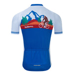 The lightweight polyester Big Foot Sasquatch Cycling Jersey Set features a blue jersey with white sleeves, depicting a cyclist in front of mountains, green trees, and red ground. Believe. is printed in white on the red section, ideal for adventure seekers.