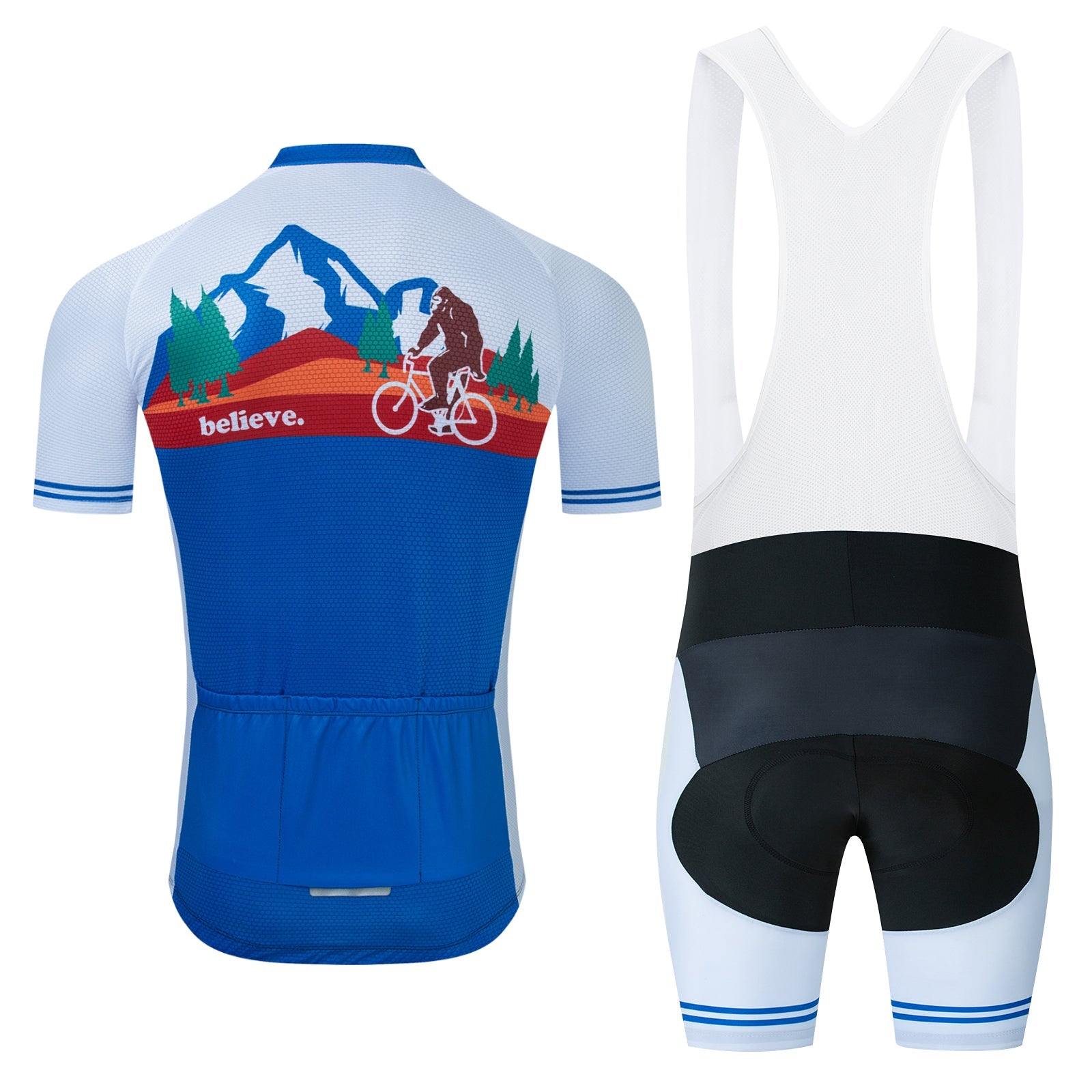 The Big Foot Sasquatch Cycling Jersey Set offers a blue lightweight polyester jersey with mountain, cyclist, tree designs, and believe in a Big Foot theme. The white and black bib shorts with blue accents include a gel-type seat pad for enhanced comfort.