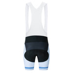 The Big Foot Sasquatch Cycling Jersey Set includes white and black bib shorts with blue stripes, made from lightweight polyester. A mesh upper with shoulder straps and a gel seat pad makes them ideal for cycling, set against a plain white background.