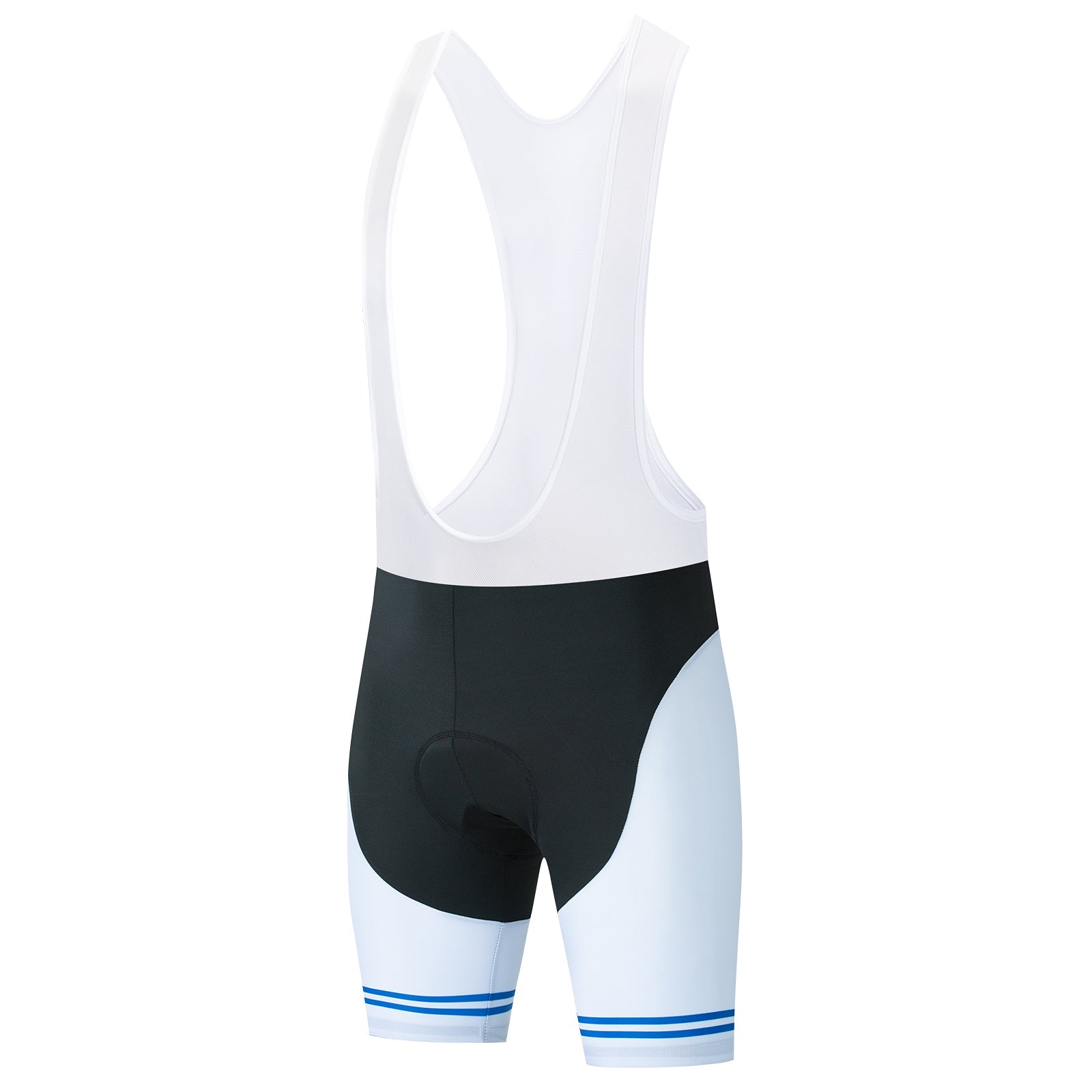 The Big Foot Sasquatch Cycling Jersey Set includes white and black bib shorts with blue leg stripes, wide shoulder straps, and a gel seat pad for maximum comfort.