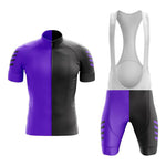 The Purple Split Cycling Jersey Set includes a lightweight polyester short-sleeved top and bib shorts with a vertical split design in purple and black. It features a full-length zipper, gel seat pad, and white suspenders for comfort.