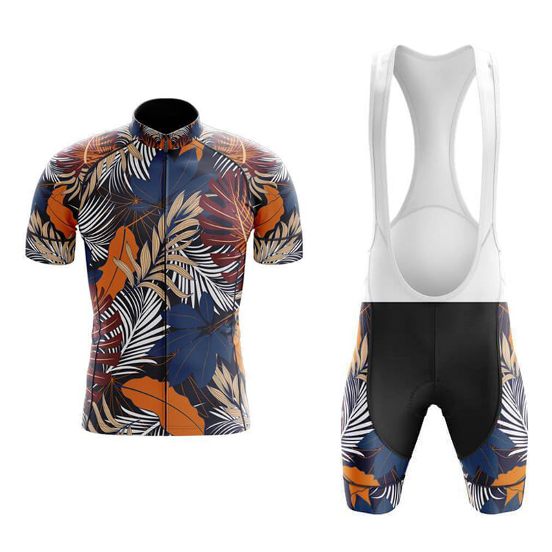 The Floral Bright Reeds Cycling Jersey Set features a short-sleeve jersey and bib shorts with a tropical leaf pattern in blue, orange, and beige. It includes a front zipper, breathable gel seat pad, and has a white upper that complements the black shorts for style and comfort.