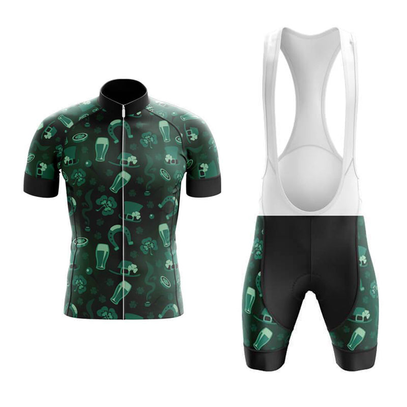 The Lucky Irish Retro Cycling Jersey Set includes a green jersey and bib shorts with beer-themed graphics, ideal for St. Patricks Day rides. The set features a front zipper on the jersey and white shoulder straps on the shorts, both decorated with beer mugs, hops, and pretzels.
