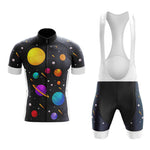 Experience the cosmos with the Solar System Planets Cycling Jersey Set, featuring a black short-sleeve jersey and bib shorts adorned with colorful planets, stars, and meteors illustrations for a vibrant retro cycling vibe.