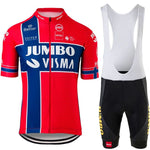 The Jumbo Visma Pro Team Cycling Jersey Set includes a red jersey with blue and white detailing and black bib shorts. Both feature brand logos, with Jumbo and Visma on the jersey and yellow Jumbo text on the shorts, crafted from lightweight polyester.
