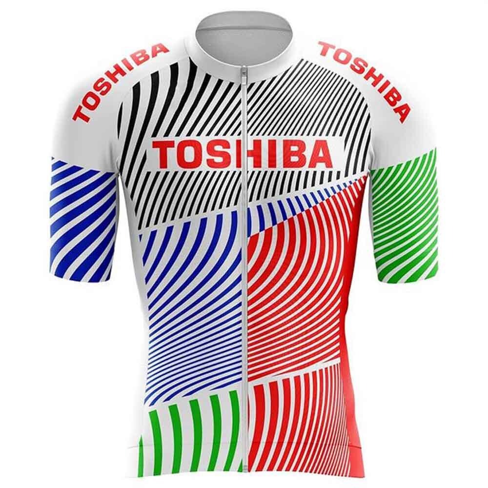 The Toshiba Retro Cycling Jersey boasts dynamic patterns in blue, red, and green with white and black stripes. Made from lightweight polyester for improved performance, it features the TOSHIBA logo prominently on the chest and shoulders.
