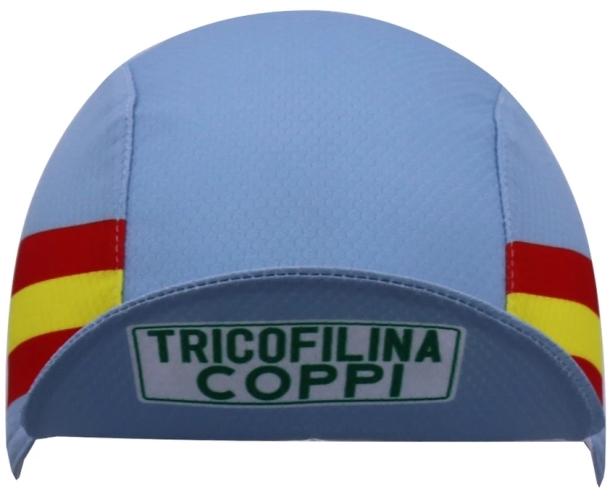The Tricofilina Coppi Retro Cycling Cap features a light blue, textured fabric with red and yellow side stripes and a TRICOFILINA COPPI patch on the front, embodying the classic Tour de France spirit.