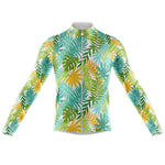 The Womens Long Sleeve Floral Bright Palms Cycling Jersey features a symmetrical tropical leaf pattern in green, yellow, and blue. It includes a full front zipper and high collar for comfort and style. Fleece option available.