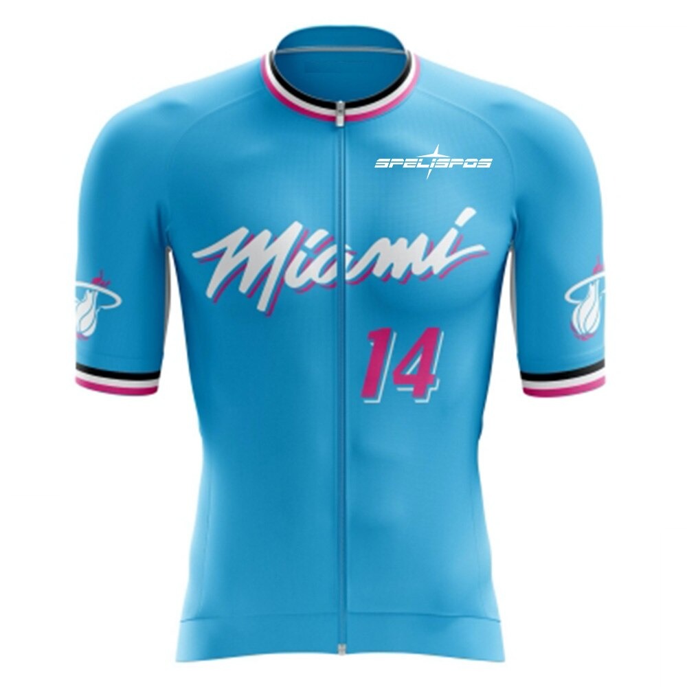 The Miami 14 Cycling Jersey, made of lightweight polyester, displays Miami and number 14 in vibrant pink and white script. It features trim in pink, white, and black on the sleeves and collar, two logos on the sleeves, and a full front zipper for easy wear.