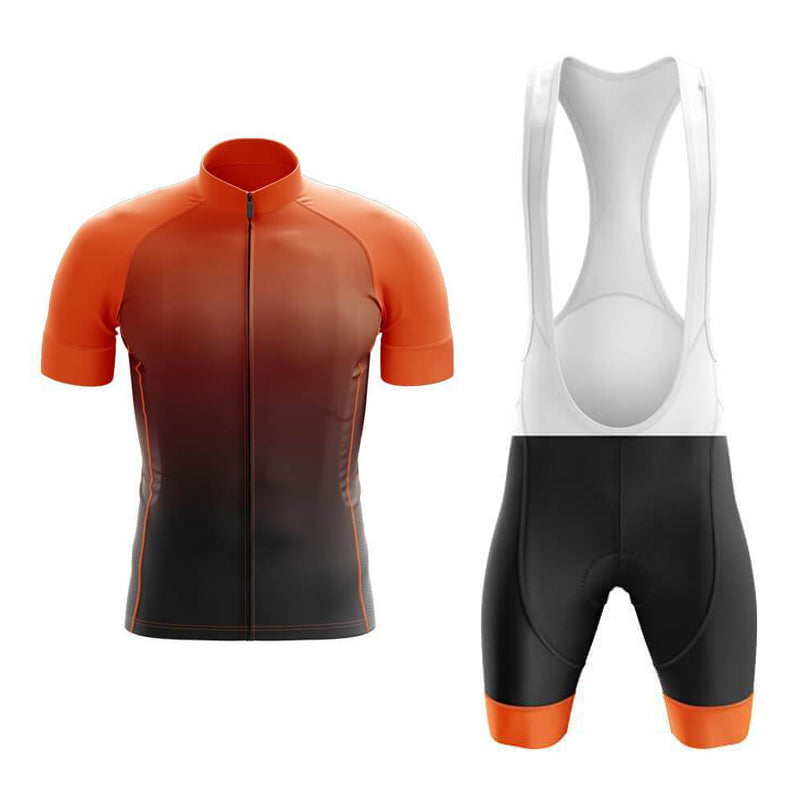 The Orange Shade Cycling Jersey Set includes a lightweight polyester short-sleeved jersey in orange with black gradient sides and a front zipper, paired with bib shorts featuring black fabric, orange leg cuffs, white straps, and a gel seat pad.
