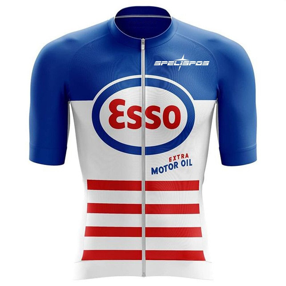 Enjoy a superior ride with our Esson Oil Cycling Jersey made from lightweight polyester. It features a blue top, white bottom, iconic Esso Extra Motor Oil logo on the chest, red horizontal stripes at the bottom, and a front zipper for a classic look.