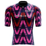 The Grenadier Cycling Jersey is made from lightweight polyester, featuring a breathable design with a bold geometric pattern of pink and red arrows on dark blue, and GRENADIER plus a logo on the chest.