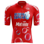 The Acqua Sapone Retro Cycling Jersey features bubble graphics, caffè Mokambo logos, and white sleeve text. Made of lightweight polyester, this performance jersey includes a convenient front zipper for optimal comfort.