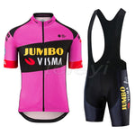 Introducing the Jumbo Visma Pro Team Cycling Jersey Set: a pink, short-sleeve, lightweight polyester jersey with black accents and Jumbo Visma logos, paired with sleek black bib shorts featuring Roglic and team branding for ultimate style on your ride.