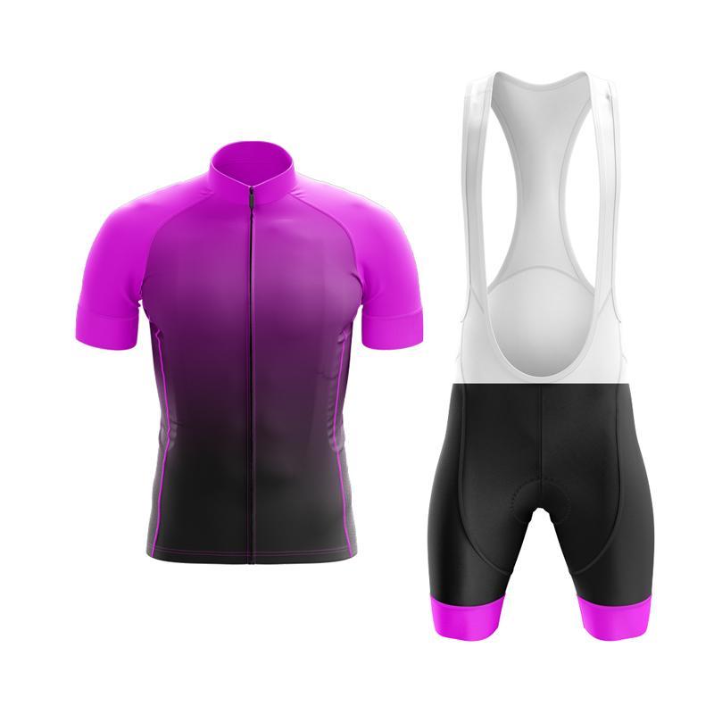 The Purple Shade Cycling Jersey Set includes a gradient purple and black short-sleeve jersey with a front zipper, paired with breathable white and black bib shorts featuring purple leg bands and a silicone waist strip for comfort.