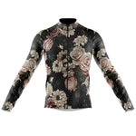 Explore the Floral Vintage Cycling Jersey, featuring a black background with a rose pattern in pink, white, and green. This sleek, long-sleeved jersey has a front zipper and fitted design. Also available as a fleece-lined option.