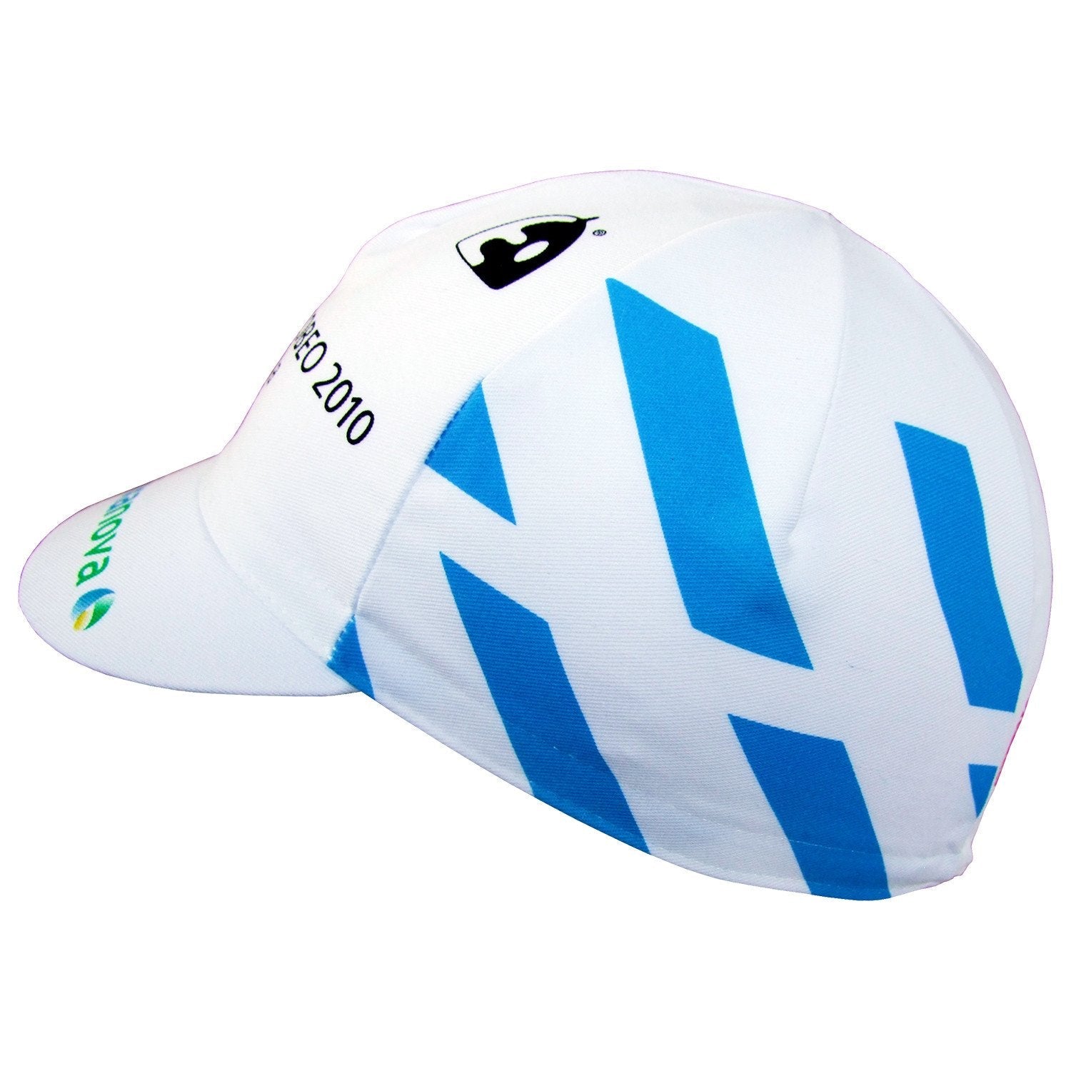 The Caixanova Retro Cycling Cap is white with diagonal blue stripes and black logos. It has ASO 2010 text and a small circular logo with green and yellow details on the side. The cap features a short brim accented with vintage blue design.