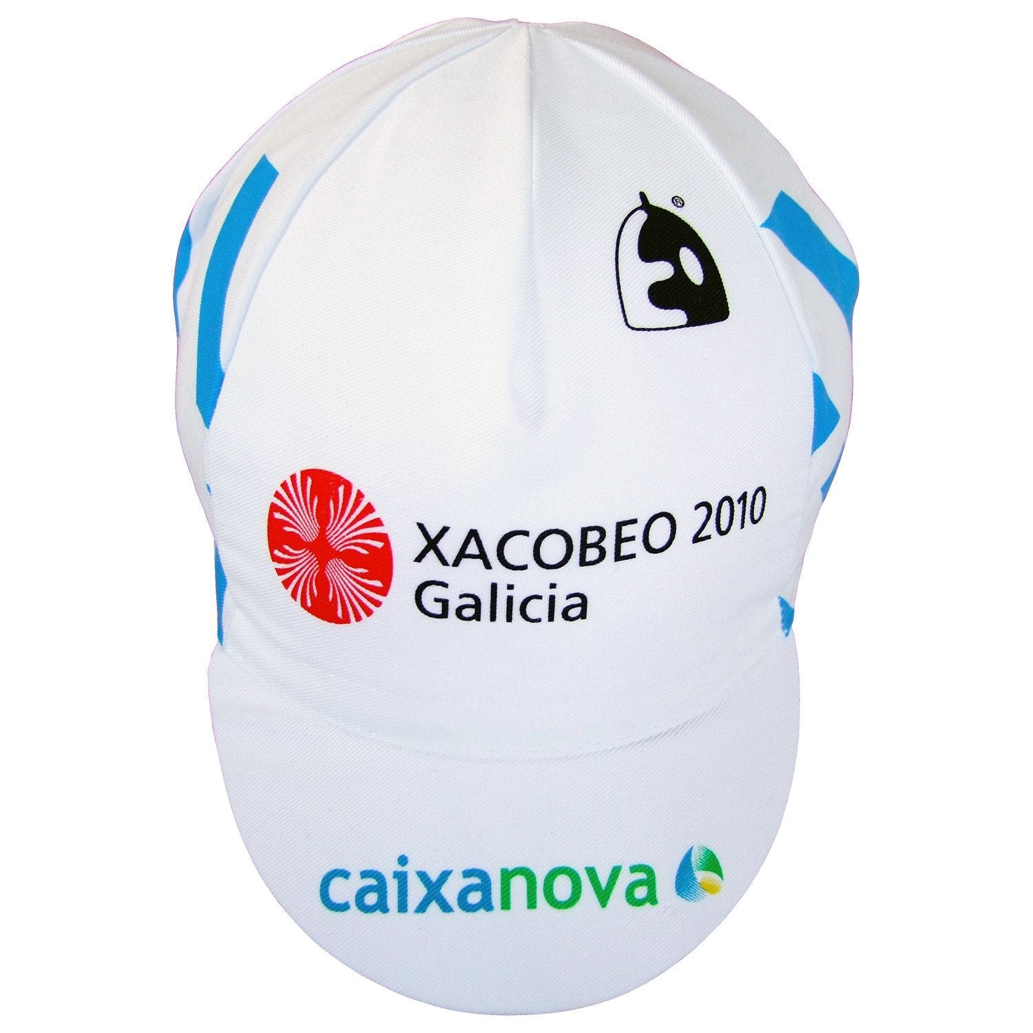 The Caixanova Retro Cycling Cap features blue accents with a black creature logo and a red circle, along with Xacobeo 2010 Galicia and the multicolored Caixanova logo.