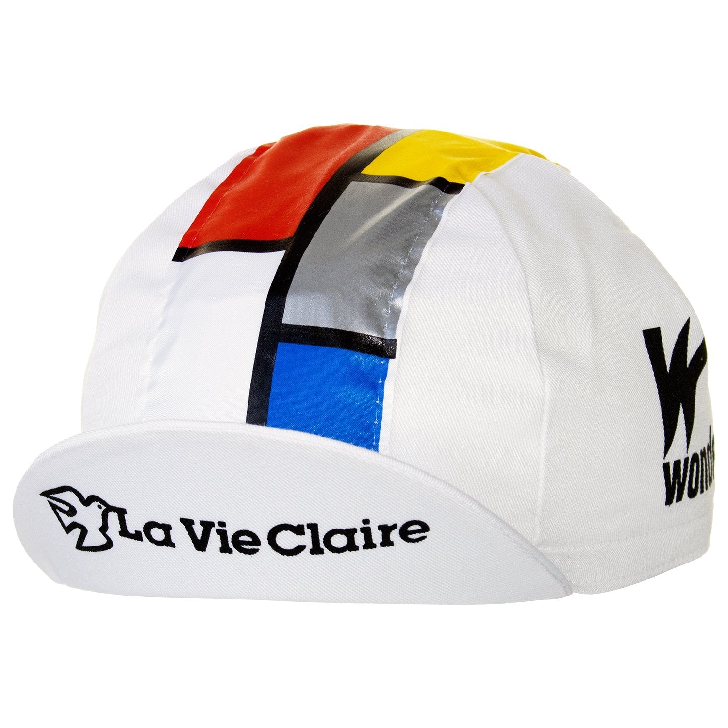 The La Vie Claire Retro Cycling Cap sports a vibrant geometric pattern of red, yellow, gray, and blue blocks. Its brim features La Vie Claire, with a stylized bird logo and Wolber text on the right—ideal for vintage cycling fans.