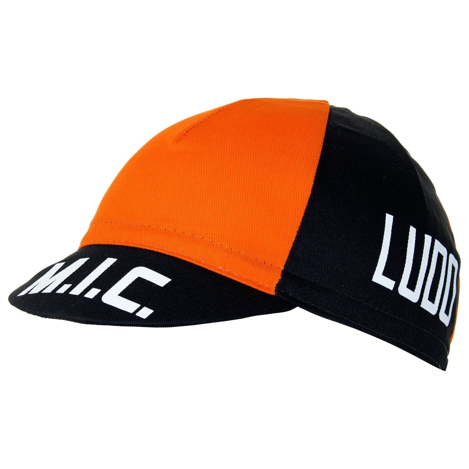 The M.I.C. Moneymakers de Gribaldy Retro Cycling Cap has an orange front panel with black side panels featuring white text; M.I.C. is on the brim, and LUDO is printed in white on the side. Its design echoes a classic Belgian pro team style.