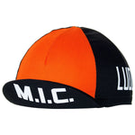The M.I.C. Moneymakers de Gribaldy Retro Cycling Cap features classic orange and black panels, a black brim with M.I.C. in white, and LUDA on one side, inspired by a Belgian pro teams sleek design.