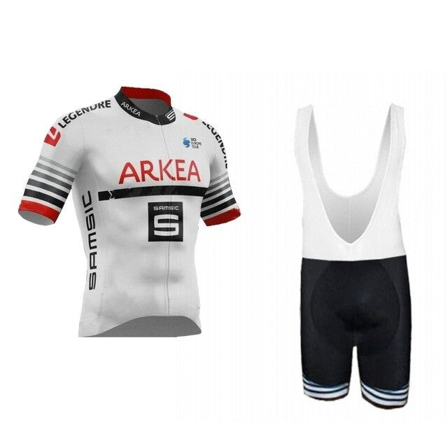 The Arkea-Samsic Retro Cycling Jersey Set includes a white short-sleeved jersey with red and black accents, logos, and sponsor names reminiscent of UCI ProTeam Arkea-Samsic. The black bib shorts have white straps and matching leg stripes.