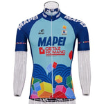 The Mapei Getaz Romang Retro Cycling Jersey features a blue base with colorful geometric patterns and the MAPEI logo. It includes SPORTFUL, GETAZ ROMANG, and a cycling icon on the chest, plus blue collar and sleeves with MAPEI text in high-performance polyester.