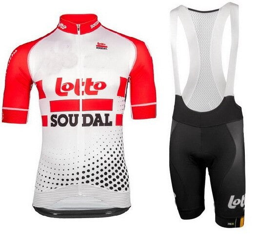 The Lotto Soudal Retro Cycling Jersey Set includes a red and white jersey with black dotted patterns and Lotto Soudal branding, featuring short sleeves and a zip front, paired with comfortable black and white breathable bib shorts.