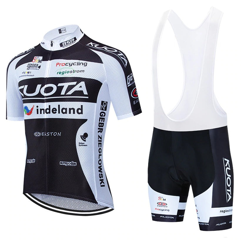 Experience peak performance with the Team KUOTA 2020 Cycling Team Jersey Set. The breathable black and white jersey features sponsor logos, a front zipper, and indeland text. Its paired with matching bib shorts featuring shoulder straps and KUOTA branding for comfort on every ride.