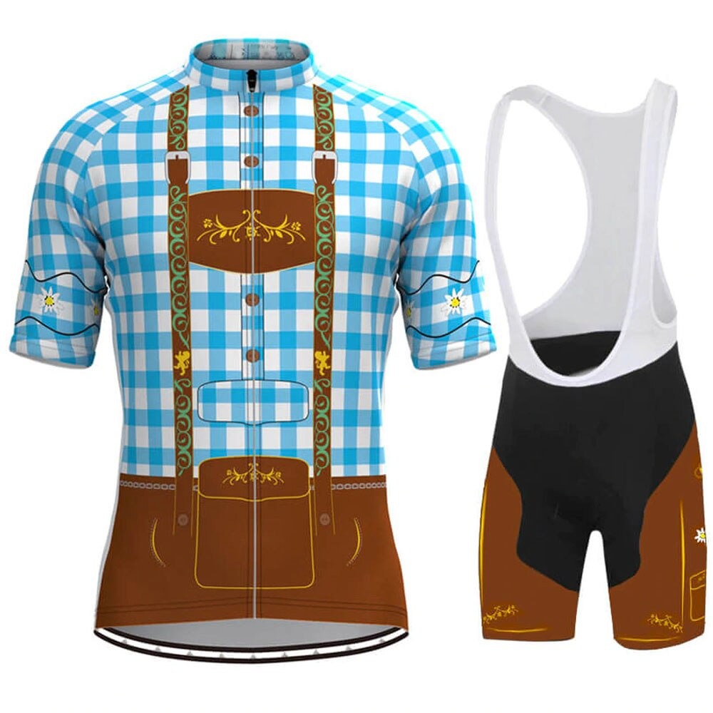 Discover the charm of Bavarian tradition with the Lederhosen Retro Cycling Jersey Set, including a blue/white checkered jersey with faux suspenders and pockets, and black bib shorts highlighted by brown/yellow accents for an authentic look.