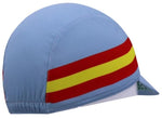 The Tricofilina Coppi Retro Cycling Cap features a light blue base with vibrant red and yellow stripes for classic flair. Its short brim, with a green underside, evokes the spirit of iconic rides like the Tour de France.