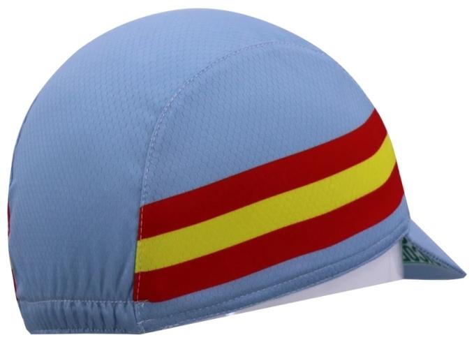 The Tricofilina Coppi Retro Cycling Cap features a light blue base with vibrant red and yellow stripes for classic flair. Its short brim, with a green underside, evokes the spirit of iconic rides like the Tour de France.