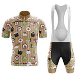 Explore the Japanese Sushi Rolls Cycling Jersey Set, featuring a brown jersey and bib shorts adorned with cute sushi and food illustrations like onigiri and green characters, all set against a vertically striped background. This breathable apparel is ideal for your rides.