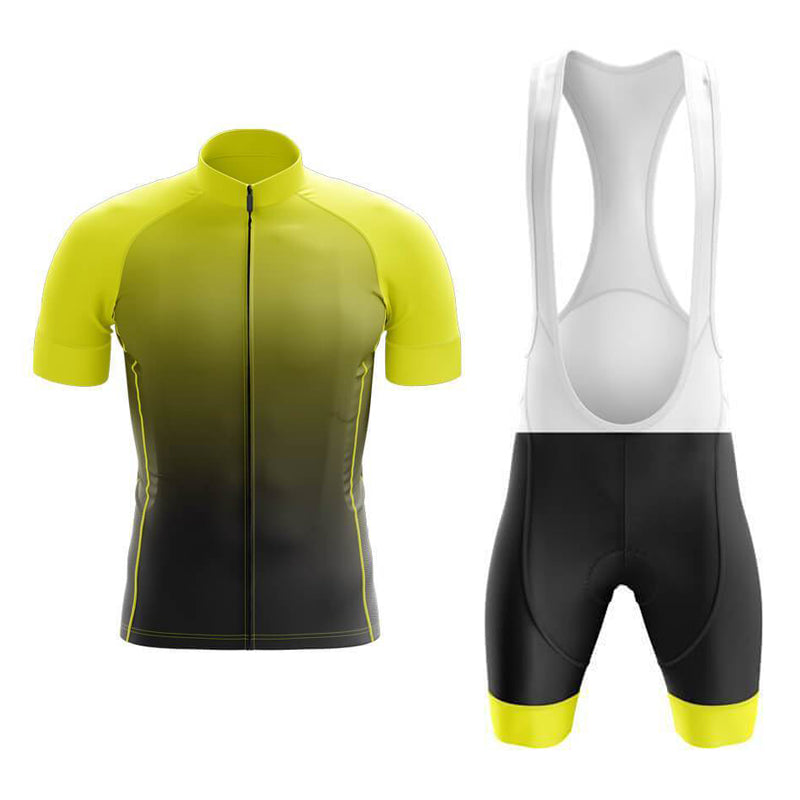 The Yellow Shade Cycling Jersey Set includes a yellow and black performance cycling jersey with a zipper and breathable shorts featuring yellow leg cuffs.