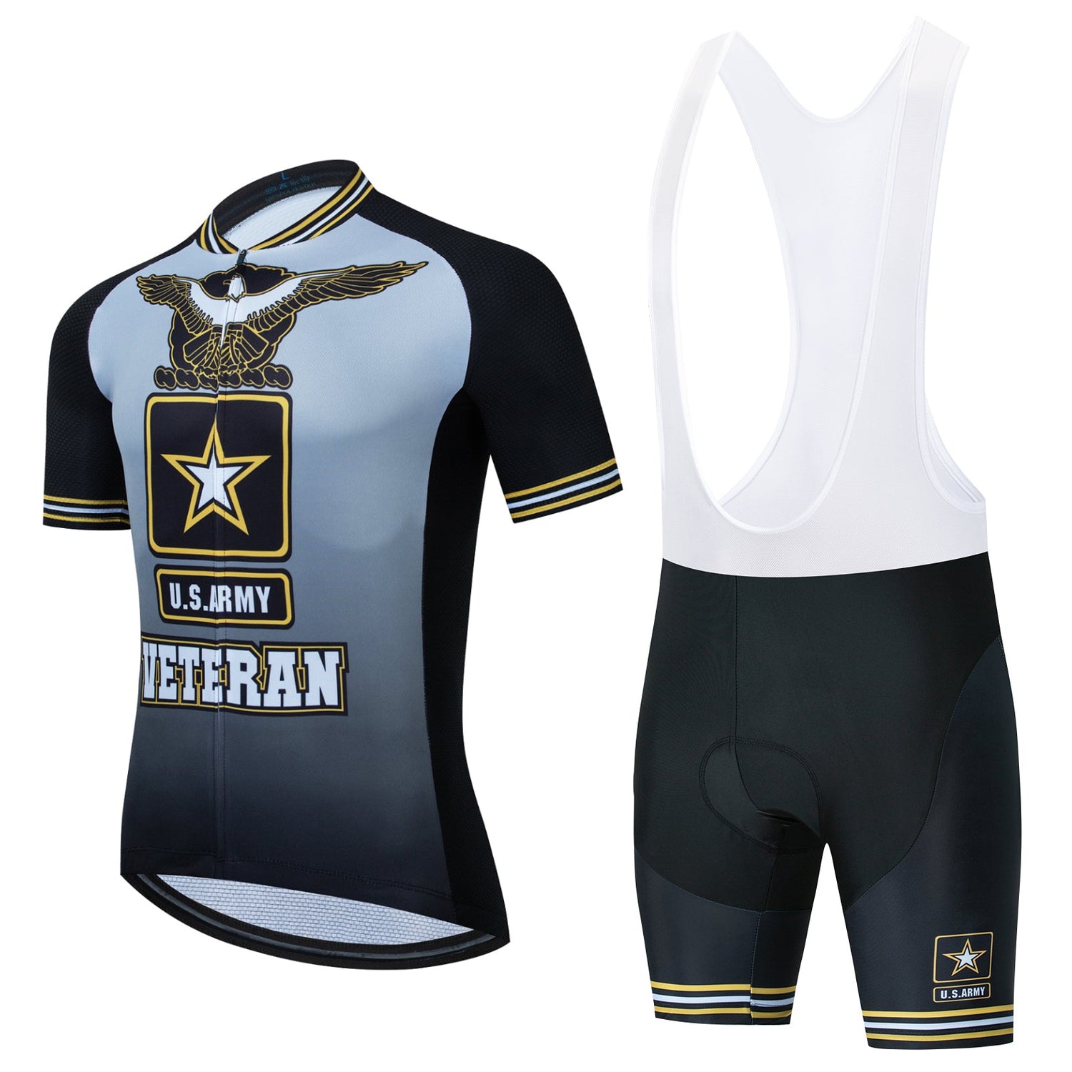 Introducing the US Army Veteran Cycling Jersey Set: Featuring a short-sleeve jersey with U.S. Army Veteran, an eagle and star emblem in black, gray, and yellow; plus matching bib shorts with a similar U.S. Army design.