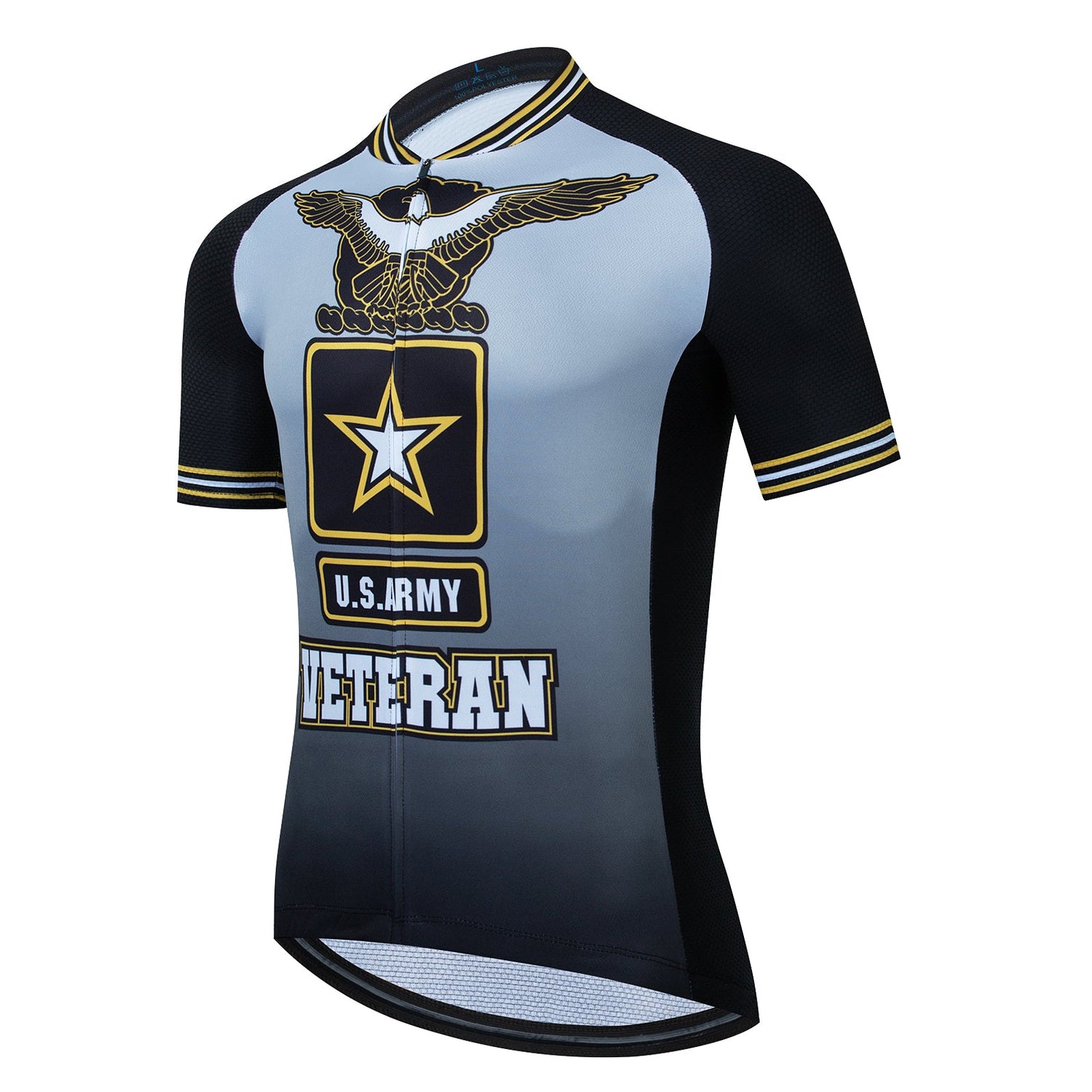 The US Army Veteran Cycling Jersey Set features the U.S. Army emblem with an eagle over a star and bold Veteran text. It has a sleek black and gray design with yellow accents on the collar and sleeves, ideal for passionate veteran cyclists.