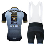 The US Army Veteran Cycling Jersey Set honors veterans with a gray jersey featuring black sleeves and an eagle-star emblem with VETERAN. Its paired with black bib shorts and a white upper for a sleek appearance.