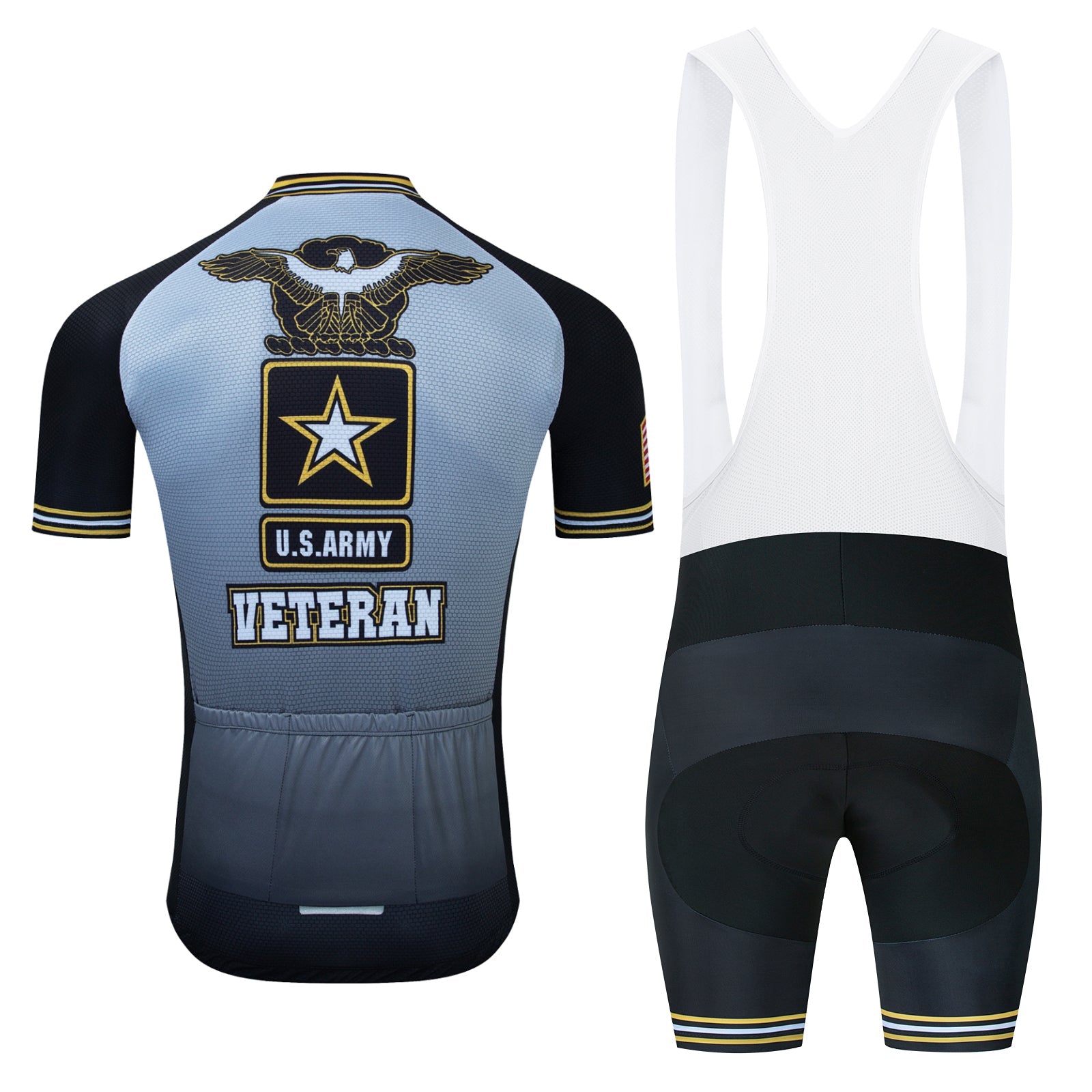 The US Army Veteran Cycling Jersey Set honors veterans with a gray jersey featuring black sleeves and an eagle-star emblem with VETERAN. Its paired with black bib shorts and a white upper for a sleek appearance.