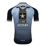 Introducing the US Army Veteran Cycling Jersey Set, featuring U.S. Army Veteran text and a star emblem on the back. This elegant jersey is mainly gray with bold black and yellow accents, highlighted by a stylized eagle majestically perched at the top.