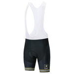 The US Army Veteran Cycling Jersey Set includes bib shorts featuring a white upper, black lower section with the U.S. Army logo, and yellow stripes near the bottom. The design incorporates padding for added comfort on each ride.
