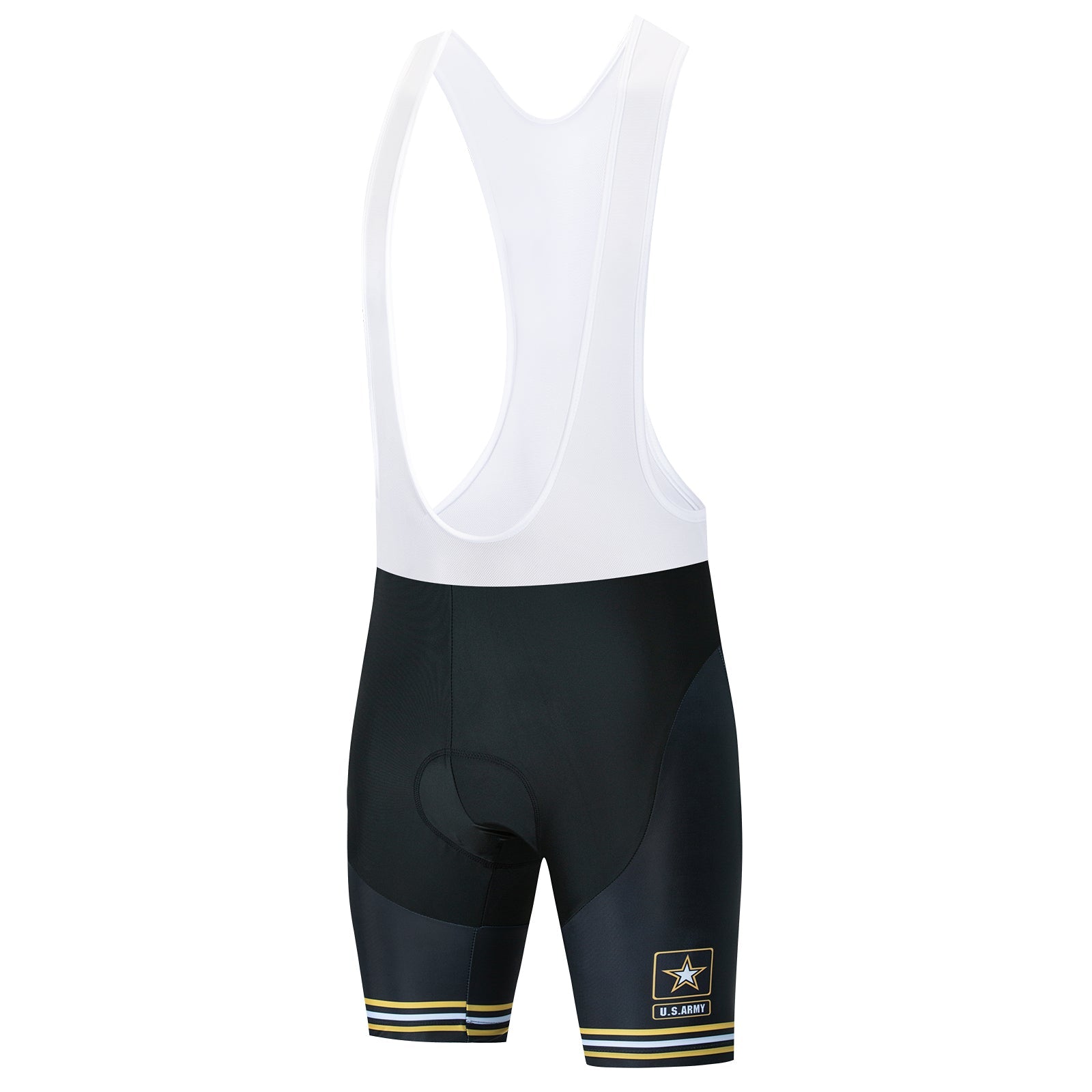 The US Army Veteran Cycling Jersey Set includes bib shorts featuring a white upper, black lower section with the U.S. Army logo, and yellow stripes near the bottom. The design incorporates padding for added comfort on each ride.