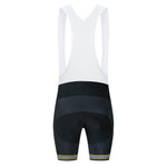 Rear view of the US Army Veteran Cycling Jersey Set includes cycling bib shorts with a white mesh upper, black padded shorts, and leg openings adorned with thin horizontal stripes in blue, white, and yellow.