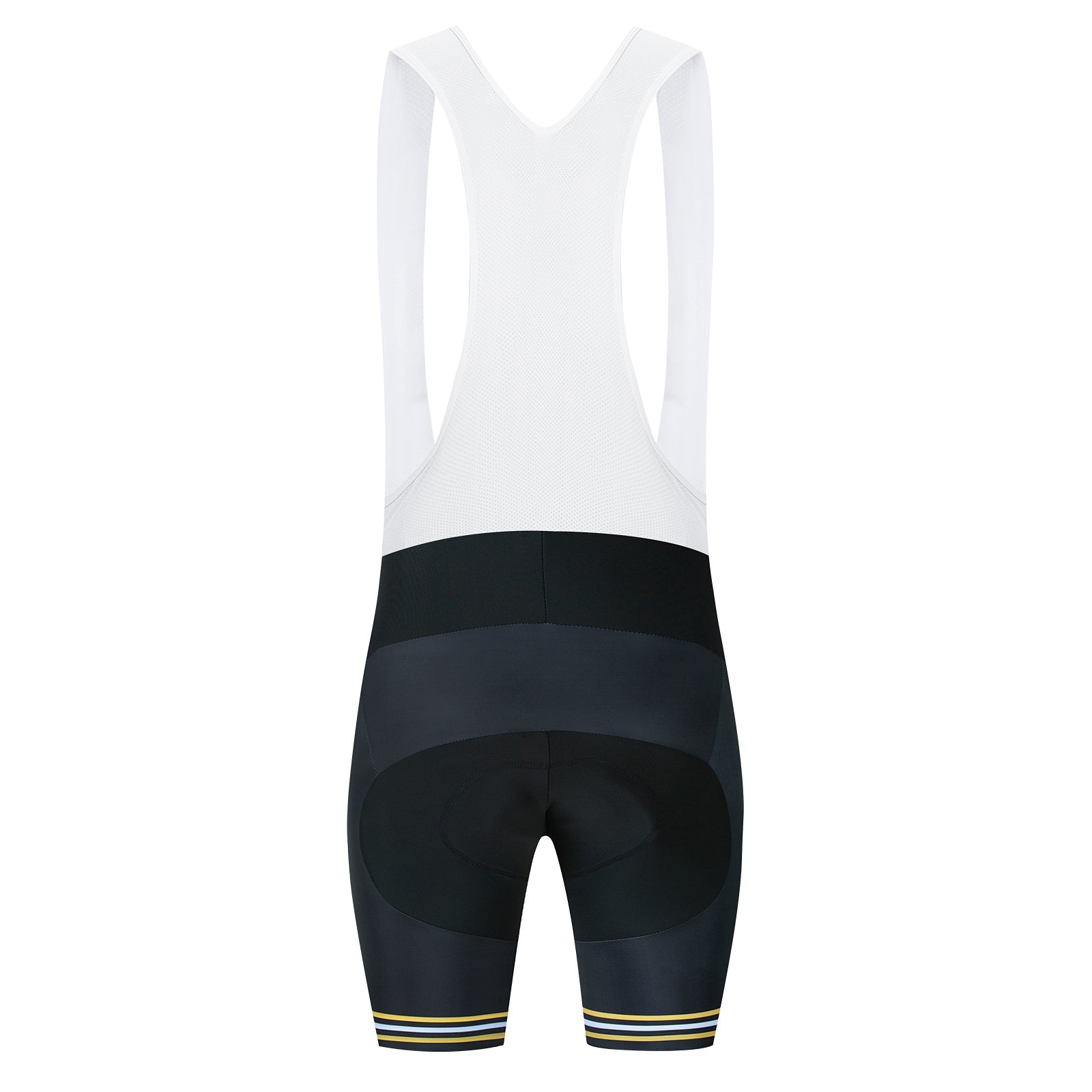 Rear view of the US Army Veteran Cycling Jersey Set includes cycling bib shorts with a white mesh upper, black padded shorts, and leg openings adorned with thin horizontal stripes in blue, white, and yellow.