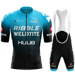 The Ribble Weldtite Huub Cycling Team Jersey Set includes a blue and black cycling jersey with brand logos and full zip, plus matching bib shorts featuring side logos. Both showcase Ribble Weldtite prominently, designed for the UCI Continental team.