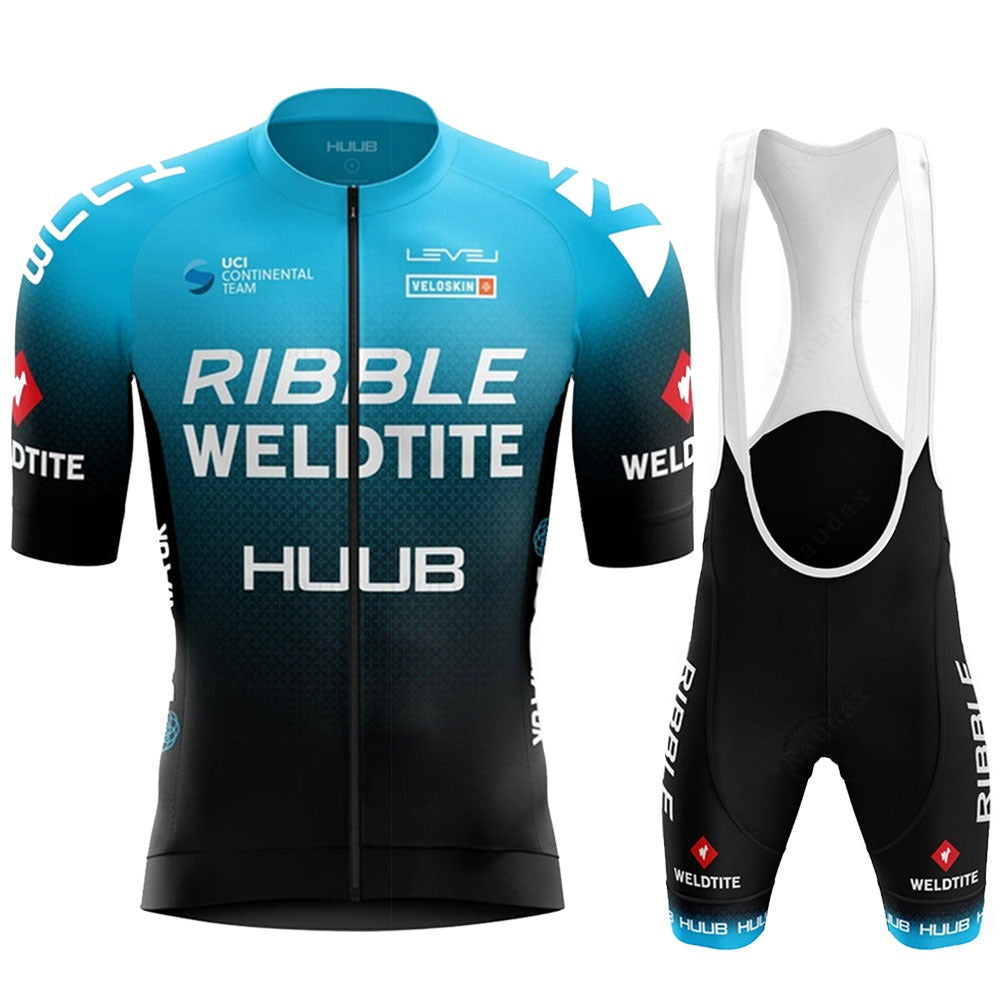 The Ribble Weldtite Huub Cycling Team Jersey Set includes a blue and black cycling jersey with brand logos and full zip, plus matching bib shorts featuring side logos. Both showcase Ribble Weldtite prominently, designed for the UCI Continental team.
