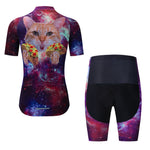 Meet our Womens Tacos Cat Cycling Jersey Set: a vibrant galaxy pattern with a back image of a cat holding tacos. The black shorts feature a galaxy waistband and gel seat pad for optimal comfort during every ride.